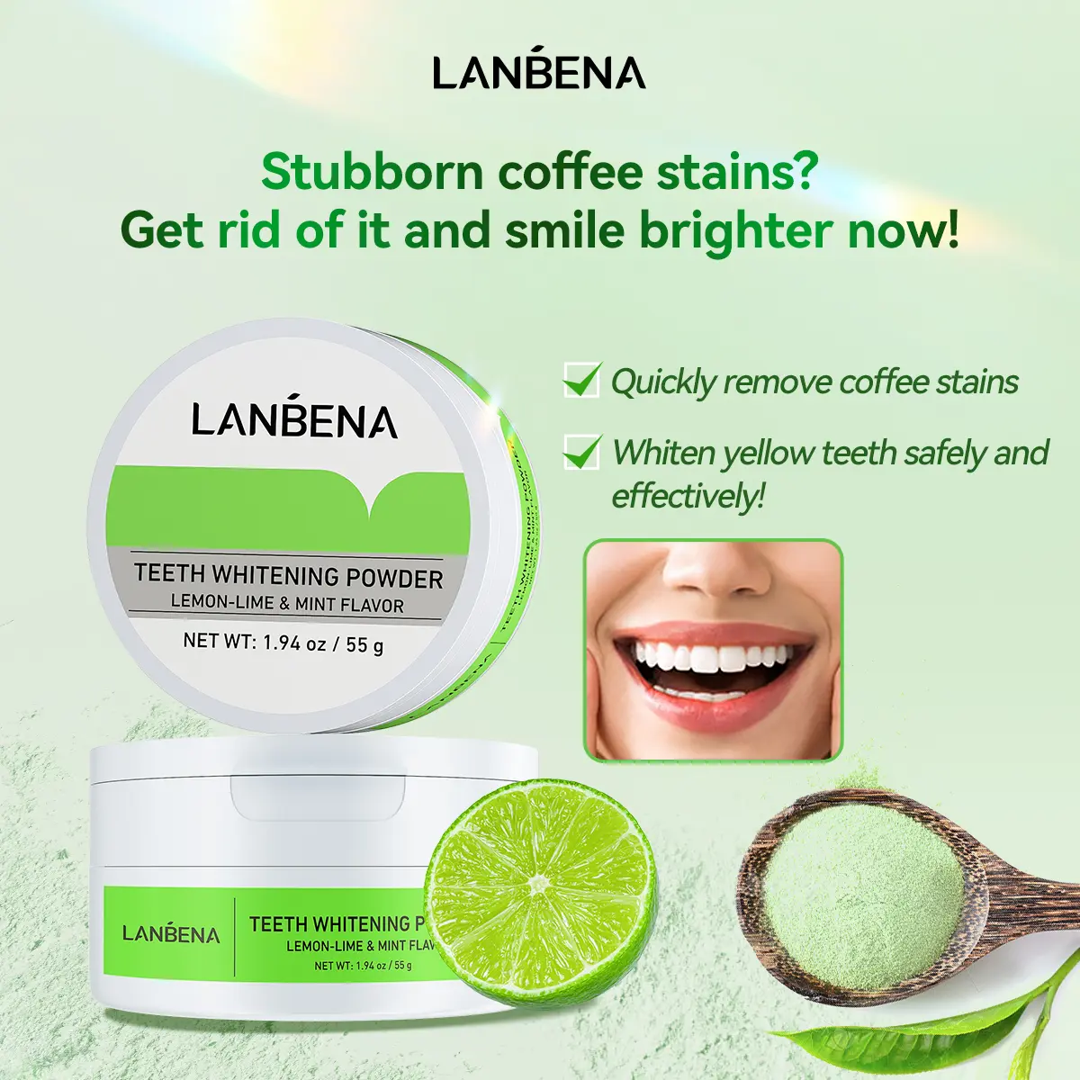 LANBENA Lemon-Lime Teeth Whitening Powder-Deeply removes stains, brightens teeth, and freshens breath，Content 30g- Oral，Whitening mother's gift summervibes