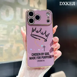 Electroplating Phone Case for iPhone 17 15 Pro Max Air 16 14 Plus 13 12 11 Crown Heart Bible Verse Christian Aesthetic Classic Square Design Non Slip TPU Soft Shell