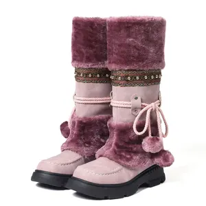 CELNEPHO Faux Fur Mid Calf Boots for Women Round Toe Chunky Platform Heel Plush Pom Pom Balls Lace Up Design Snow Boot Easy Pull on Warm Cozzy Gift Party Comfy Evereyday Wear Dress Shoes