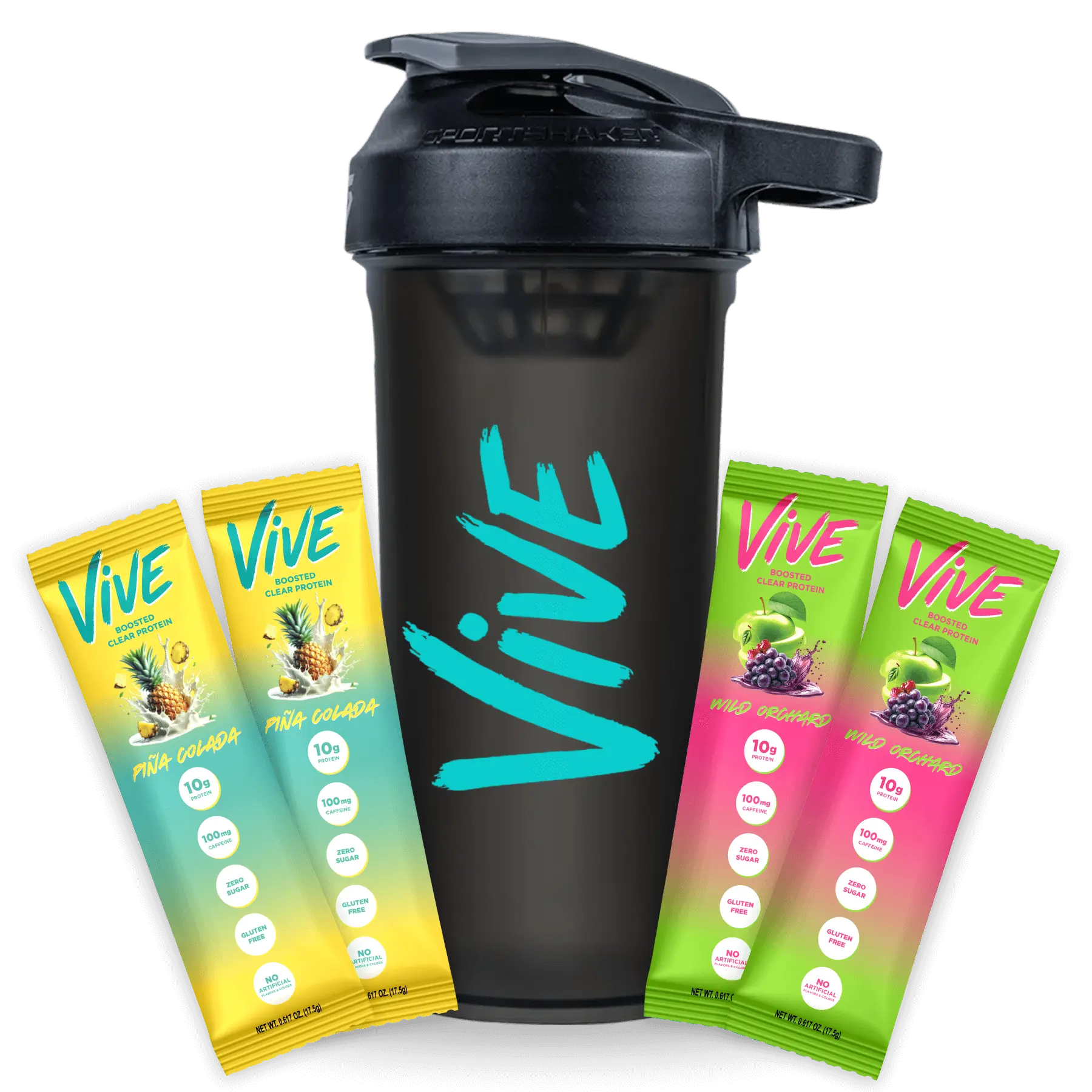 VIVE ENERGY + CLEAR PROTEIN SAMPLER 4 PACK & SHAKER 10g Whey Protein Isolate 100mg Caffeine Zero Sugar Low Calorie Pomegranate Extract