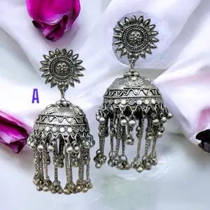 Oxidized Colorful Jhumka Earrings Set with Colorful Beads and Decorative Elements