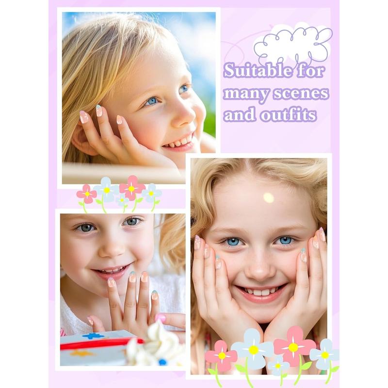 26 Pieces Press on Nails for Kids, EBANKU 1 Pack Kid Fake Nail Pink Flower Press on Nails for Girls 5-12 Years with Nail Glue