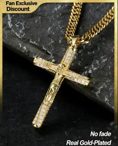 24K Gold Plated Crucifix Necklace! Unisex, 24" Jesus Pendant, Advanced Anti-Tarnish, Sturdy Christian GiftHip Hop Titanium Steel & Two-Tone GoldSilver lced Out Jesus Cross Pendant Necklace -PerfectChristmas Gift for Mom & Girlfriend
