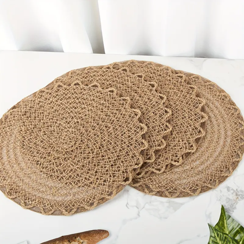 100% Jute Round Table Runner - 4/6/8pcs Multiple Packs, Stitched Wave Pattern, Non-Slip Splash Guard, Hand Wash Only, Home Supplies Dining Table Decor