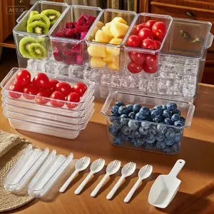 Clear Serving Platter with Removable Compartments, Large Ice Chilled Condiment Organizer for Garnish, Food, Salad, and Fruit, Reusable Bar Accessories, Durable and Versatile Serving Tray