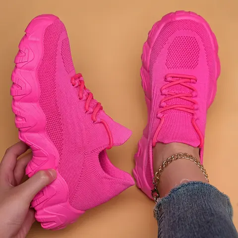 Women's Lightweight Antimicrobial Flyknit Fabric Athletic Shoes - Breathable Lace-Up Running Tennis Sneakers, Bouncy All-Season Shoe Runners with Colorful Accents for Walking, Sneakers for Women