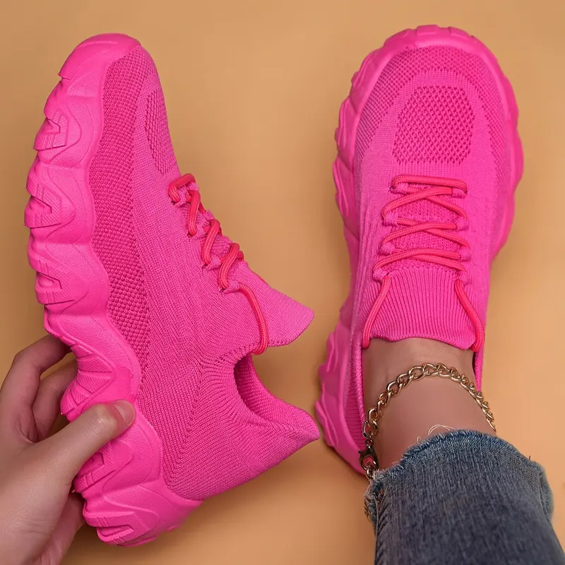 Women's Lightweight Antimicrobial Flyknit Fabric Athletic Shoes - Breathable Lace-Up Running Tennis Sneakers, Bouncy All-Season Shoe Runners with Colorful Accents for Walking, Sneakers for Women