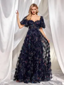 XUIBOL women's small floral three-dimensional mesh diamond collar ultra long floral dress skirt, comfortable short sleeve A-line skirt, fashion with children's evening dress, suitable for women's casual and dinner wardrobe, easy to match women's fashion.