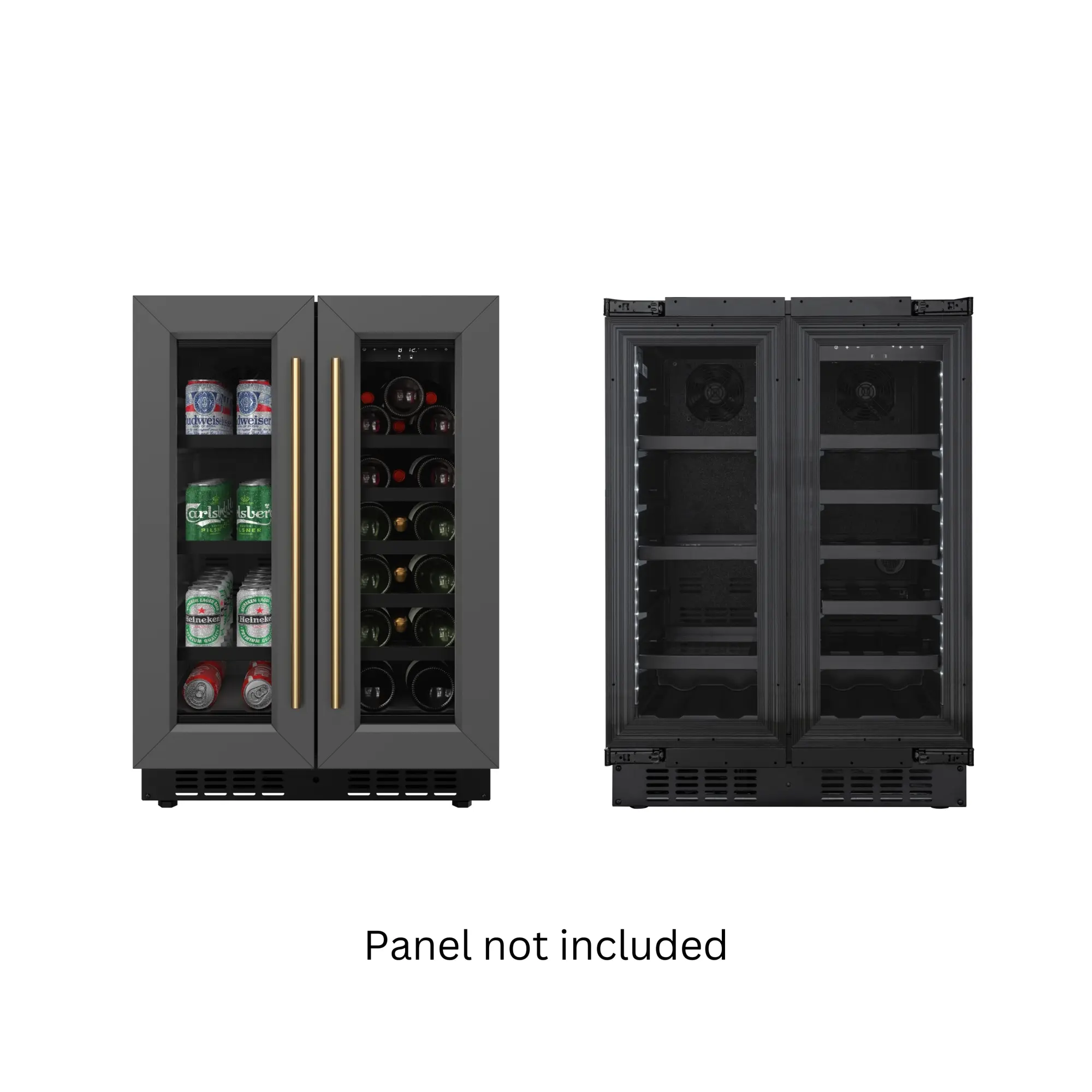KoolMore Reserve 24 in. French Door Dual Zone Panel Ready Under-Counter Cooler with Black Shelves and 20 Bottle Capacity in the Right Zone and 2.1 Cu. Ft. on the Left in Black (KM-CWB24-BPR), 41-68 F, Premium Black Shelves
