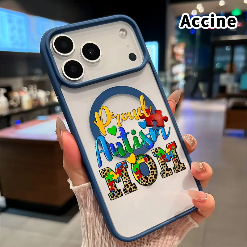 Magnetic Phone Case for iPhone 17 Pro Max 16 Plus 15 14 13 12 11 Air E Proud Autism Mom Pattern Acrylic Back TPU Edges Anti-Fingerprint Ultra Slim Hard Cover Gift