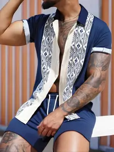 Two-Piece Set Men's Ethnic Pattern Button Front Shirt & Shorts, Regular Fit Casual Short Sleeve Collared Top & Shorts, Men's Summer Set for Beach Vacation