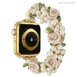 Elastic Pearl Flower Strap Compatible with Apple Watch 42/44/45/46/49mm 38/40/41/42mm Women's, iWatch Series Elastic Wedding Rose Strap 11 10 9 8 7 6 5 4 SE/Ultra 3 2 1 Fancy Strap