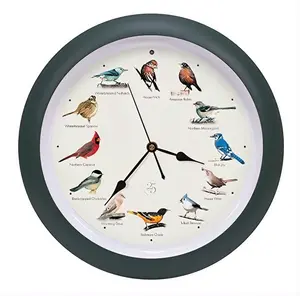 Singing Bird Wall Clock 13 Inch Green Frame with 12 Bird Sounds Smart Light Sensor Battery Operated Nature Decor