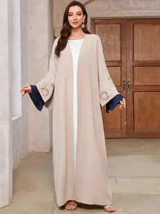 Women's Colorblock Patchwork Print Open Front Abaya, Elegant Formal Modern Long Sleeve Maxi Muslim Dress for Party Wedding Guest, Ladies Fall & Winter Islamic Clothing