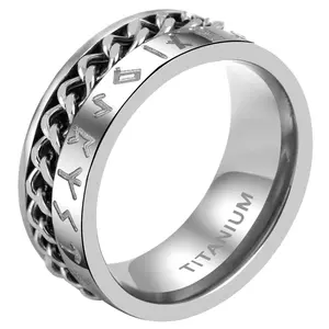 OIDEA Mens Titanium Viking Spinner Ring 8mm Silver Norse Rune Cuban Chain Anxiety Fidget Punk Hip Hop Statement Friendship Birthday Gift