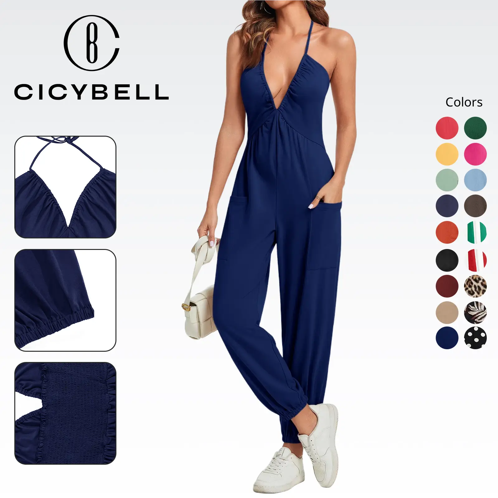Cicy Bell Women's Sexy Halter Jumpsuits Casual Deep V Nevk Beach Jogger Long Pants Rompers