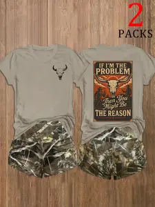 Women's Western Style Cow Print T-Shirt Set, Matching, Vintage American Hot Girl Short Sleeve, Leopard Pattern, Animal, Preppy Loose Fit, 2 Piece