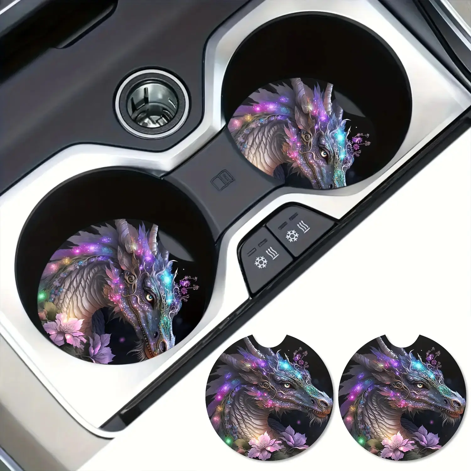 2-Piece Fantasy Dragon Car Cup Holder Coasters, Neon Glowing Absorbent Rubber Mats, Psychedelic Gothic Automotive Decorative Accessories, All-Seasons Car Interior Accessory, Car Decoration