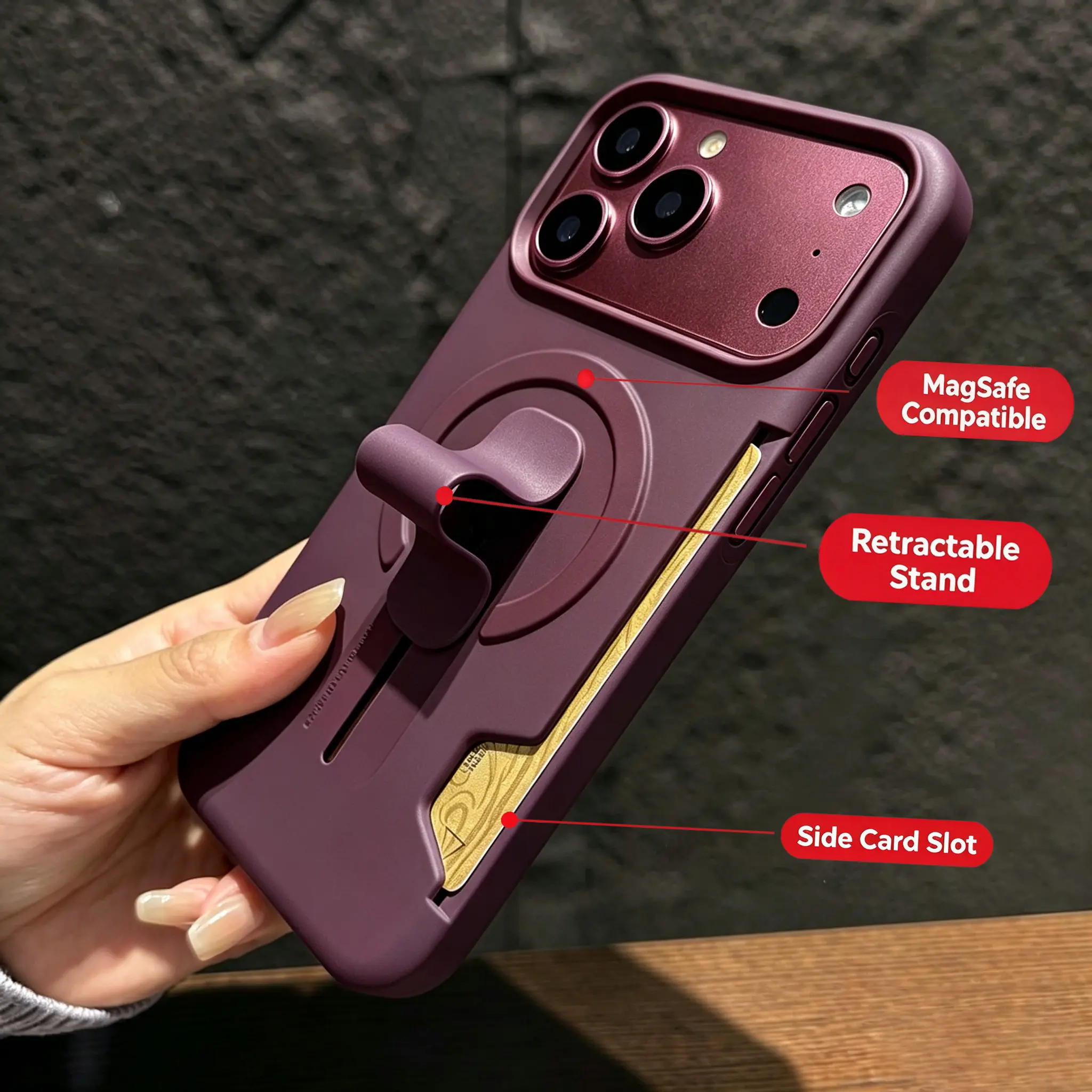 Magnetic Stand & Side Card Slot Solid Cellphone Case for iPhone 18/16/15/14 Plus/14/13/12/11 Pro Max - Customized Drop-Proof, Shockproof, Scratch-Resistant Airbag Corner Vintage Casing with Device Protection 150XCS