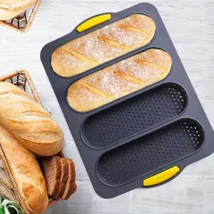 4 Cavity Silicone Baguette Baking Tray, Bakeware, Food Safe Heat Resistant Mold for French Bread, Hot Dog Buns, Toast & Home Baking