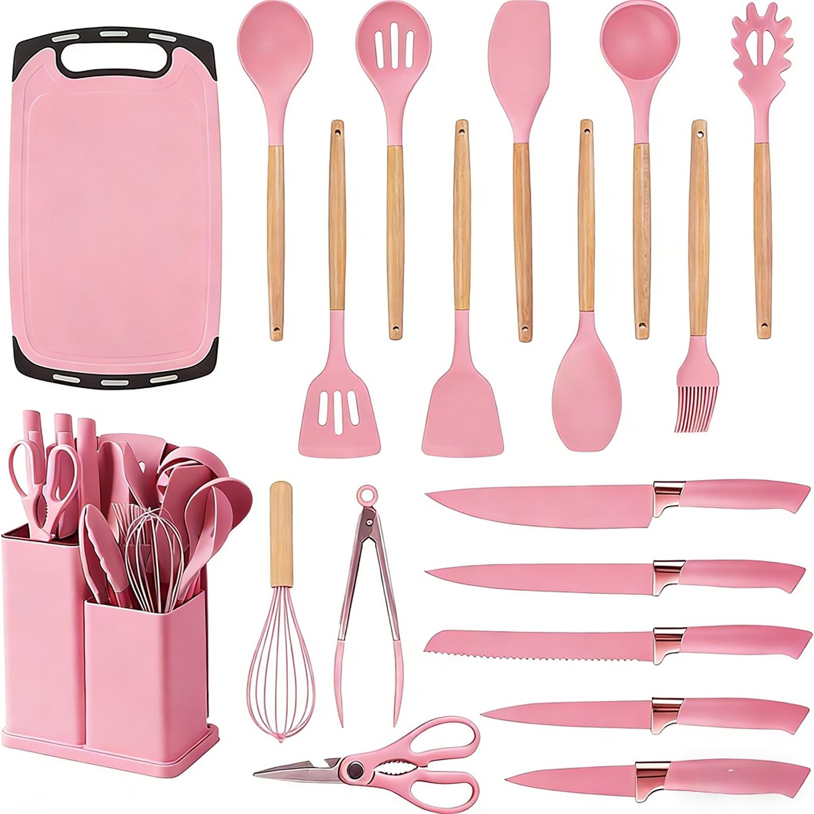 19-piece silicone kitchen utensil set, cooking tools with wooden handles, non-toxic, BPA-free, silicone spoon, rotating clamp, kitchen utensils, nonstick utensils with stand—an excellent choice for mothers, friends, or loved ones, kitchen soup ladle.