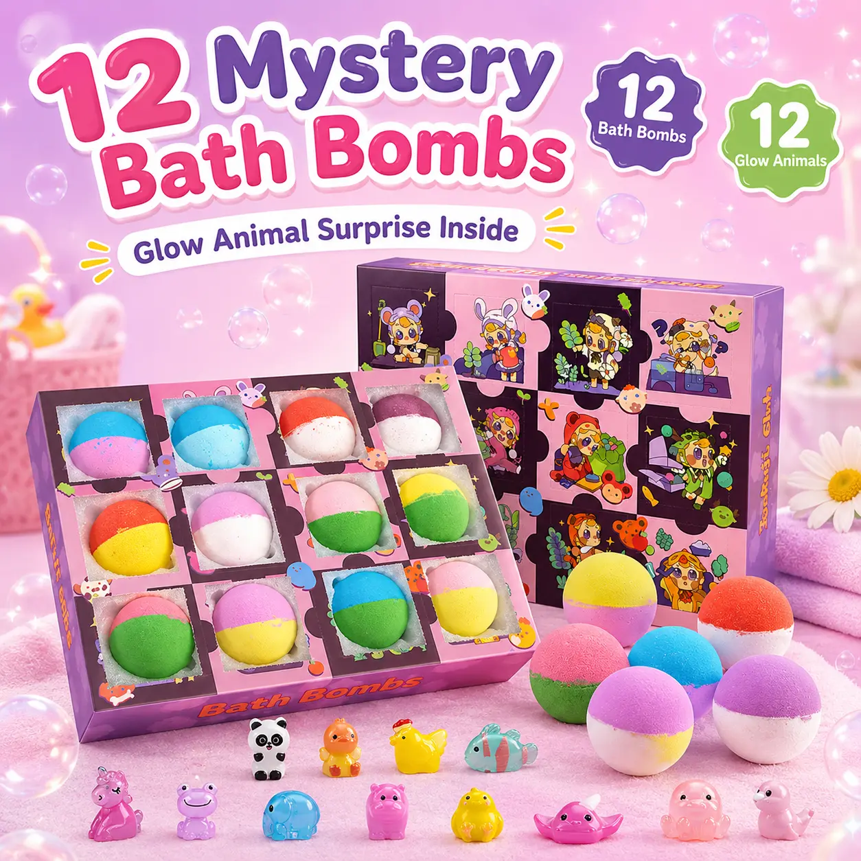 IYOKUJI CLUB Glow-in-the-Dark Bath Bomb Blind Box Multi-Pack - 12-Piece Moisturizer, Hydrating Body Care Gift Set with Surprise Animal Toys for Kids, All Skin Types Cosmetic Repair, 12Pcs