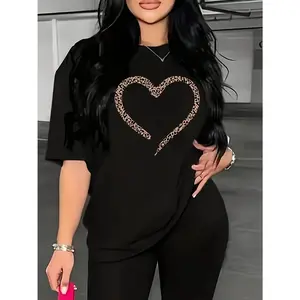Heart Print Casual Short Sleeve T-shirt, Crew Neck, Slight Stretch, Regular Length, Summer Women'S Clothing