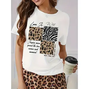 Womens Cotton Short Sleeve Graphic Tee Love Is Wild Leopard And Zebra Print Color Block Shirt Casual Summer Top Cute Everyday Outfit Streetwear Style