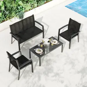 Patio Furniture Set of 4, Outdoor Loveseat and 2 Chairs with Coffee Table, Textilene Metal Sling Chairs, Space-Saving Set for Balcony Backyard Porch