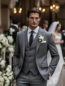 Men 3pcs Suit Slim Fit Tuxedo Wedding Formal Men'S 3pcs Suit- Slim Fit Tuxedo Set for Weddings& Formal Occasions, Black Suit with White Shirt& Pants, Perfect for Office Meetings and Elegant Events, Formal Attire| Durable Wedding Wear
