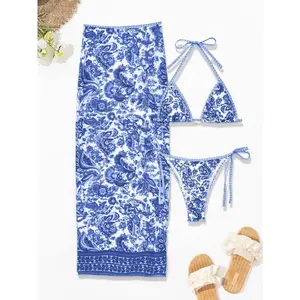 Women's Blue Paisley 3-Piece Swimsuit Set with Cover Up - Halter Bikini & Maxi Beach Cover Up for Summer Vacation,#ResortWear & Poolside Outfits,Floral triangle cup camisole dress, bikini three-piece swimsuit