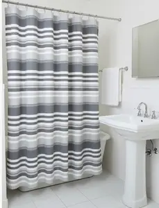 Serafina Home Modern Stripe Shower Curtain, Charcoal Gray and White Cotton Fabric, 72 x 72 Inches, Luxury Bathroom Décor