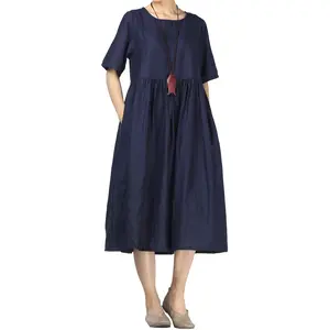 Mordenmiss Women's Linen Tunic Summer Dress Casual Midi Dresses with Pockets
