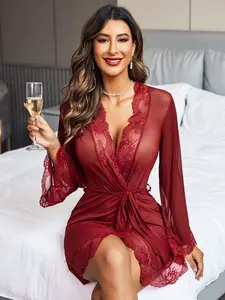 Women's Sexy Floral Lace Robe, Mesh Long Sleeve Nightgown with Tie Belt, Casual Loose Fit Woven Fabric, Loungewear Nightwear, V Neck Nighty, Womenswear, Perfect for Indoor Special Occasions