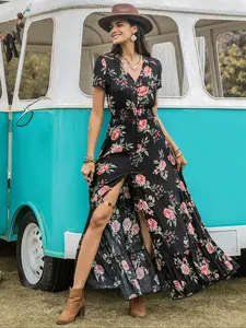 Women's Floral Print Button Front Split Thigh Dress, Boho V Neck Short Sleeve Shirred Waist Ruffle Hem Long Dress, Lady Summer Clothes for Holiday, Bohemian