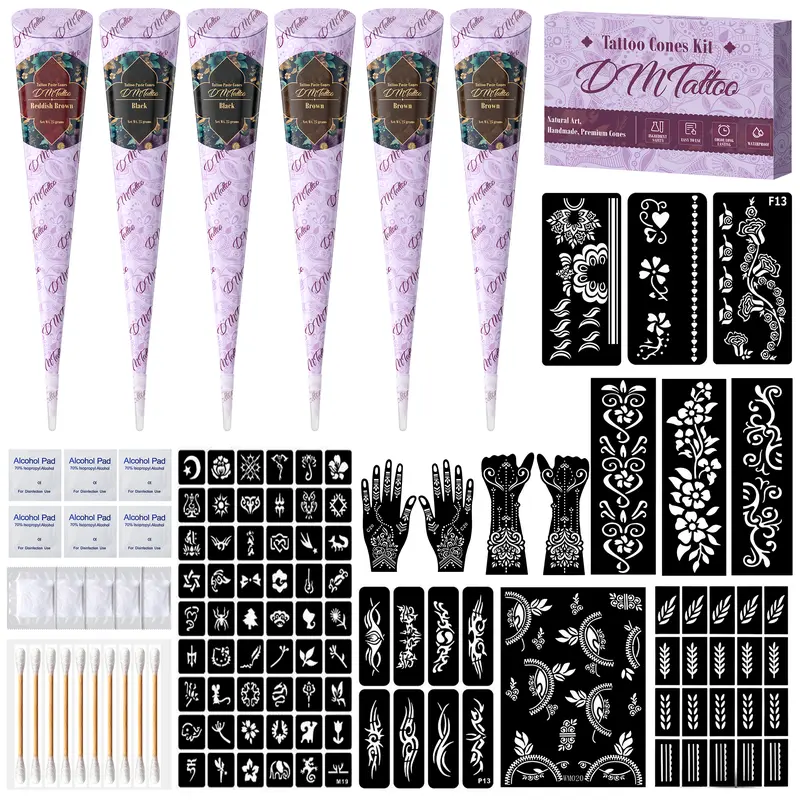 DM Temporary Tattoo Kits 6 Tattoo Cones 133 Stencils Semi Permanent Markers for Women Men Kids DIY Body Makeup Art Party Gifts Long Lasting