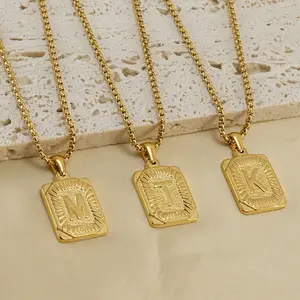 Women's 26 square alphabet necklace men's titanium steel gold-plated English alphabet pendant jewelry,18K Gold Plated Square Capital Letter A-Z Monogram Pendant Figaro Chain Necklace,boo necklaces