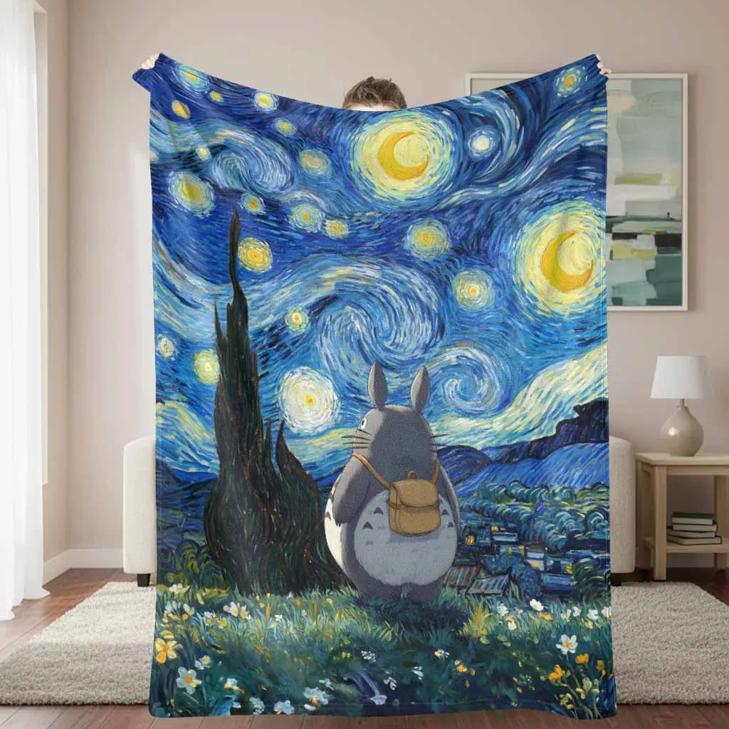 Starry Sky Totoro Flannel Blanket - Van Gogh-Style Artistic Night Scenery Print, Soft Warm Lightweight Art Graphic Cartoon Celestial Character Art Colorful Graphic Blanket for Bedroom, Travel Gift Decor, Art Graphic Blankets, Cartoon Blankets
