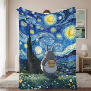 Starry Sky Totoro Flannel Blanket， Artistic Van Gogh Style Night Scenery Print， Soft Warm Cozy Lightweight Throw for Bedroom Sofa Living Room Office Nap Travel Gift Decor