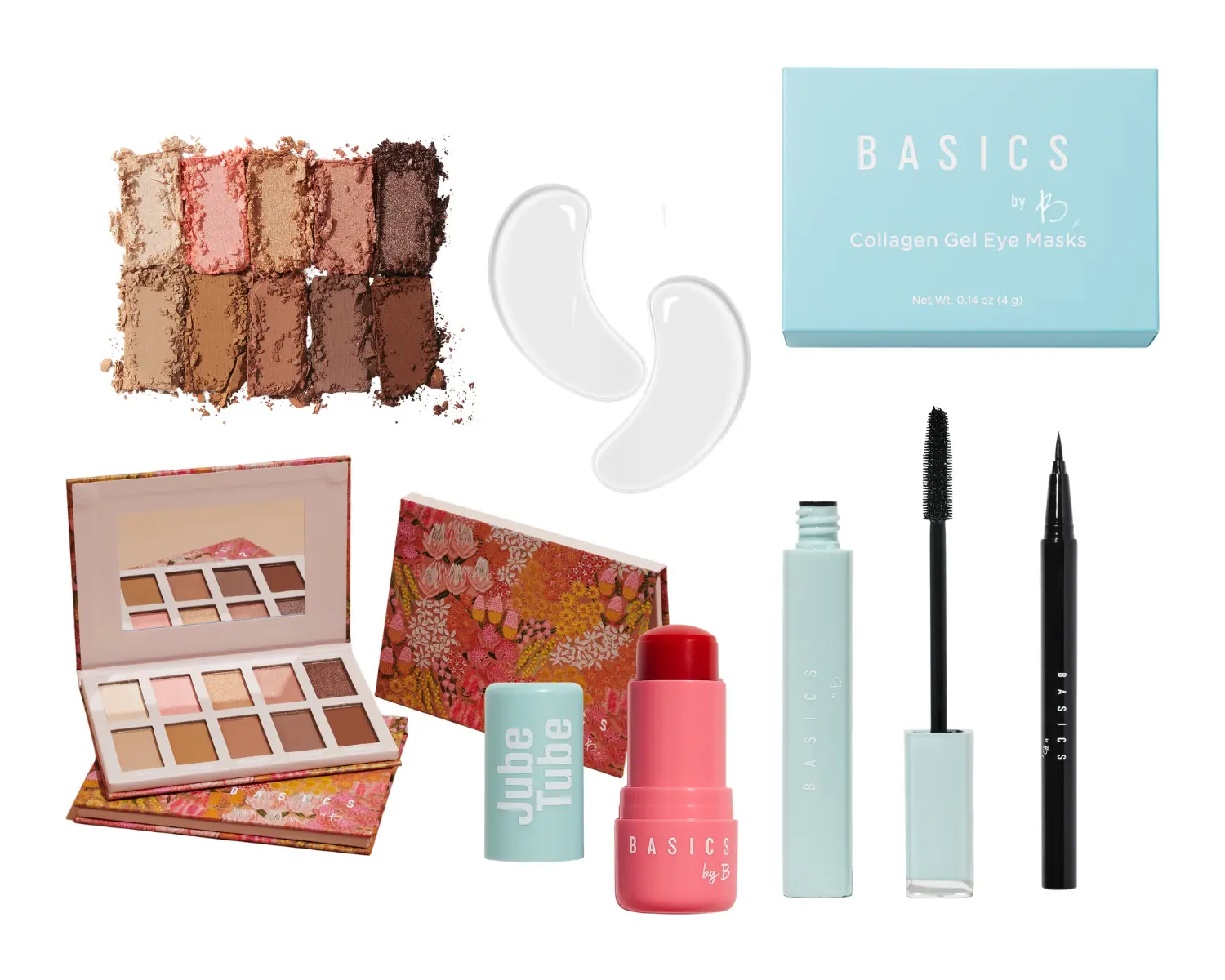 Basics By B Makeup Eye Pack Bundle - Eyeshadow Palette, Drama Liquid Eyeliner, Define Mascara, Collagen Eye Mask, Cherry Jube Tube
