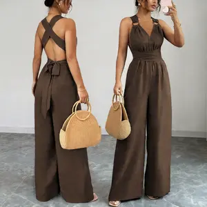 Women's Elegant V-Neck Polyester Jumpsuit - Non-Elastic, Belted, Straight-Cut Side-Tie Wide-Leg Solid Set, Machine Washable, Suitable for Weddings & Business Occasions, All-Season Wear