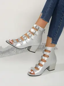 Multicolor Polka Dot Heeled Sandals, Fish Mouth Design with Multiple Straps, Women's Above Ankle Boots, Fashionable Short Boots, Rubber, Buckle Sandals