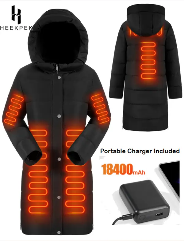 【Creator’s Pick】HEEKPEK Women’s Heated Hooded Long Down Jacket, 8 Heating Zones, Water-Repellent, Waterproof, Rain-Repellent, Long-Sleeve, Zipper, Pocket, Casual Outdoor Soft Comfortable Everyday Outerwear