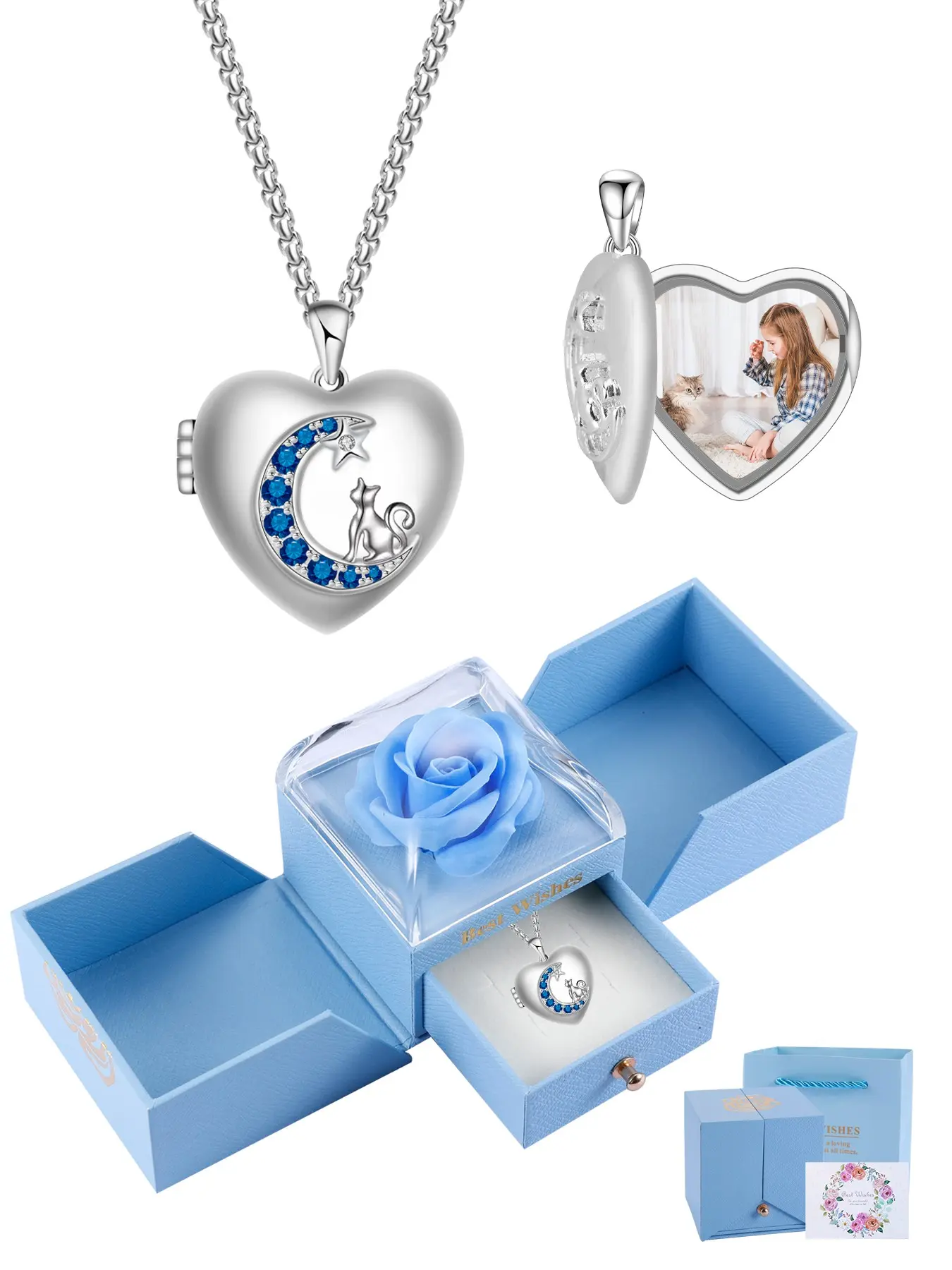 Personalized Customized Pet Cat Locket Necklace With Rose Jewelry Gift Box, Heart Lockets Animal Picture Necklaces, Birthday Christmas Jewelry Gift for Girl Daughter Wife Girlfriend Cat Lover