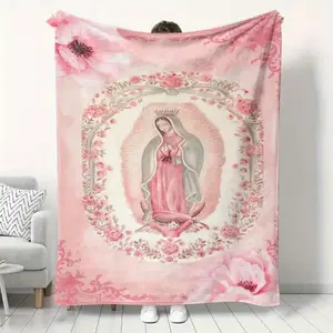 Pink Virgin Mary Printed Flannel Blanket Soft Warm Digital Print Modern Style All-Season Multi-Purpose Machine Washable Ideal for Sofa Bedding Travel Camping Living Room Office