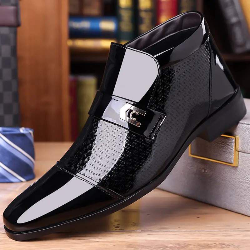 Men's High-Top Shiny Polished Oxford Shoes - PU Leather, Synthetic Closed-Toe Slip-On Formal Footwear with Rubber Sole for Office Work, Ankle, All Seasons, Business, Oxfords