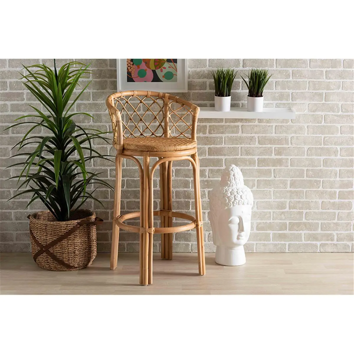 212 MAIN Baxton Studio Orchard-Rattan Ergonomic Rattan Wicker Chair - Modern Bohemian Indoor Barstool, Natural Brown Construction, Rounded Arms, Woven Details, Fully Assembled