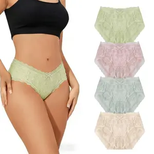 Women's Seamless Scallop Lace Trim Panties 4 Pack, Soft Stretchy Breathable Underwear with Antibacterial Cotton Crotch, Cute Fitted All-Season All-Day Comfort Casual Womens Panties.women's Fashion Comfy Underwear