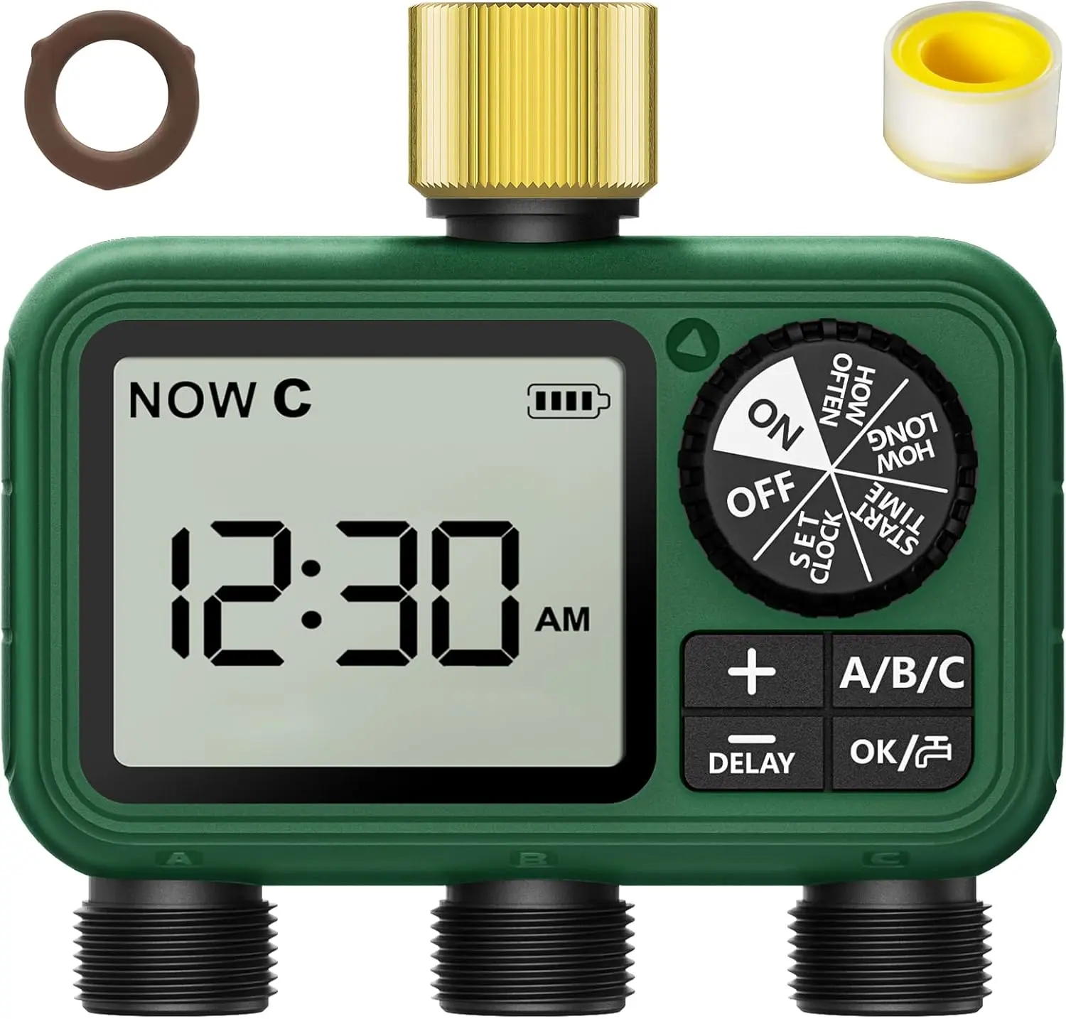 3 Outlet Sprinkler Timer Brass, Programmable Garden Hose Timer with Rain Delay, Manual& Automatic Watering System,  Gardening Supplies Irrigation Controller for 3 Separate Water Zones