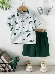 Two-piece set Boys Dinosaur Print Short Sleeve Shirt & Shorts Set, Casual Vacation Style, Playful Outfits, Lightweight Breathable Button-Down Shirt with Elastic Waist Shorts, For 2-7 Years Old Kids, Summer Daily/Outdoor Wear